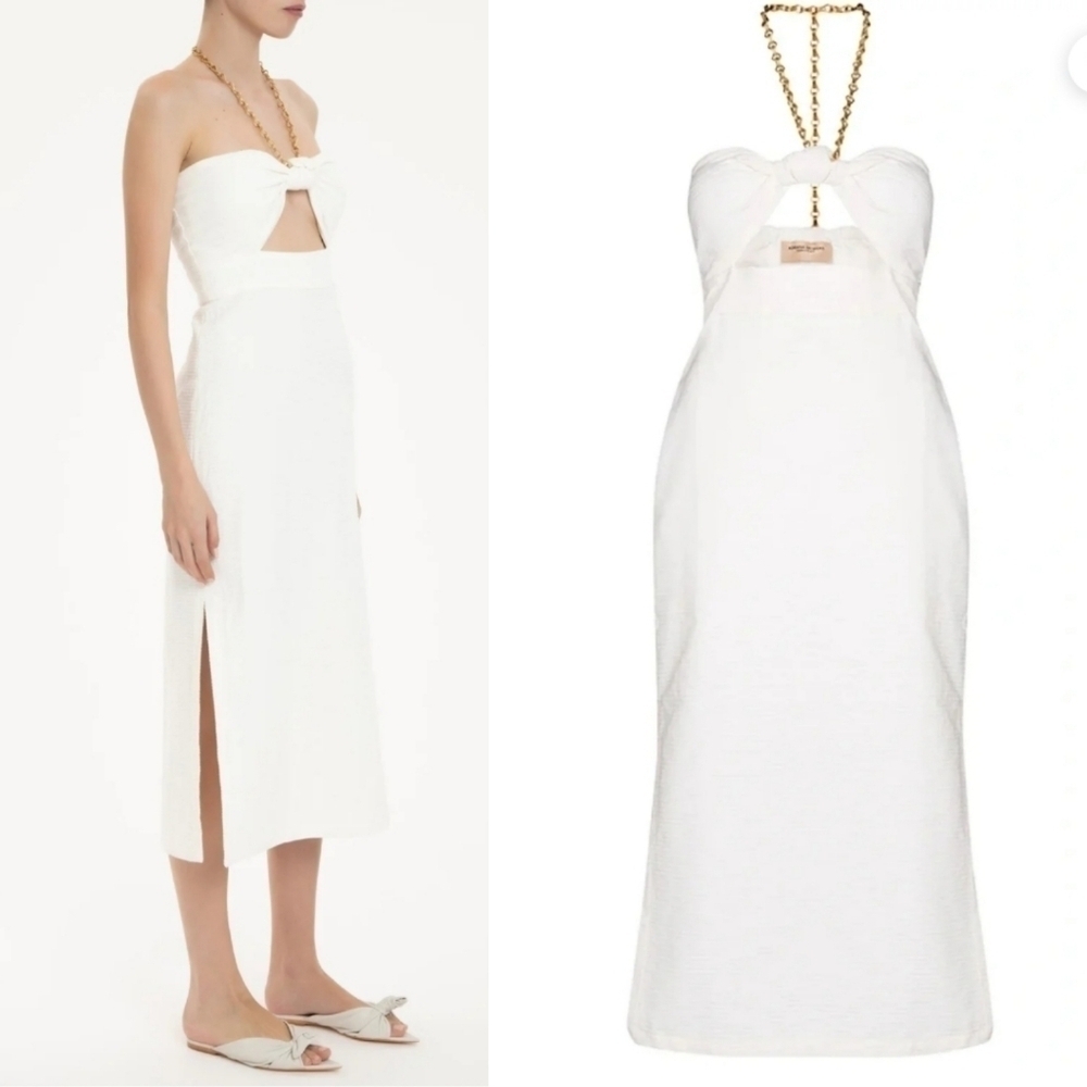 New Adriana Degreas Montaigne Cut-Out Chain Detail Off White Midi Dress Medium — image 5 of 8